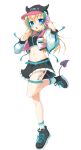  1girl absurdres ameno_ame aqua_belt aqua_nails aqua_streaks baseball_cap belt black_hat black_shoes black_skirt blonde_hair blue_eyes blush breasts commentary_request crop_top cropped_jacket cross-laced_shoes demon_horns demon_tail fake_horns fang floating_hair frown full_body groin hair_between_eyes hands_up hat highres holding holding_phone horned_headwear horns jacket leg_tattoo long_hair long_sleeves looking_at_viewer medium_breasts miniskirt multicolored_hair nail_polish navel open_clothes open_jacket open_mouth original outstretched_hand phone pleated_skirt puffy_long_sleeves puffy_sleeves shoes simple_background skirt sneakers socks solo standing standing_on_one_leg stomach stomach_piercing streaked_hair tail tattoo thigh_belt thigh_strap thighs white_background white_jacket white_socks 