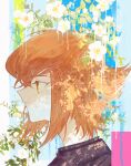  1boy brown_eyes brown_hair commentary_request flower from_side highres light_smile male_focus short_hair solo spi_77 tree_shade upper_body white_flower yu-gi-oh! yu-gi-oh!_gx yuki_judai 