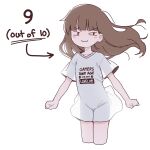  1girl :3 a-pose arrow_(symbol) black_eyes blunt_bangs blush_stickers brown_hair child_gf_(orenji) clenched_hands closed_mouth clothes_writing collarbone commentary cropped_legs english_commentary english_text floating_clothes floating_hair highres long_hair long_shirt looking_at_viewer loose_hair_strand narrowed_eyes naughty_face no_pants orenjipiiru original score see-through_silhouette shirt short_sleeves simple_background smile smug solo standing t-shirt v-shaped_eyebrows white_background white_shirt wind wind_lift 