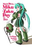  1girl aqua_eyes aqua_hair arm_tattoo armor armored_boots axe birthday black_gloves boots cable chutohampa closed_mouth commentary_request cosplay date_pun dated english_text from_behind full_body gloves green_armor green_skirt gundam hatsune_miku headphones heat_hawk helmet highres jetpack long_hair looking_at_viewer looking_back number_pun number_tattoo pauldrons shadow shoulder_armor signature skirt smile solo spiked_pauldrons spikes standing tattoo twintails unworn_headwear unworn_helmet vambraces very_long_hair vocaloid white_background zaku_ii zaku_ii_(cosplay) 