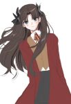  1girl black_bow black_skirt blue_eyes blush bow brown_hair brown_vest buttons closed_mouth coat collared_shirt commentary cowboy_shot fate/stay_night fate_(series) floating_hair hair_bow heaven's_feel highres homurabara_academy_school_uniform long_hair long_sleeves looking_at_viewer medium_skirt neck_ribbon open_clothes open_coat pannakota778 parted_bangs red_coat red_ribbon ribbon school_uniform shirt simple_background skirt smile solo standing striped_ribbon tohsaka_rin two_side_up vest wavy_hair white_background white_shirt 