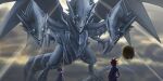  2boys absurdres blue-eyes_ultimate_dragon blue_coat blue_eyes blue_gakuran blue_shirt brown_fur brown_hair claws clenched_hands cloud cloudy_sky coat colored_bangs commentary crossed_arms domino_high_school_uniform dragon dragon_tail dragon_wings duel_(yu-gi-oh!) duel_monster english_commentary gakuran glowing glowing_eyes highres jacket kaiba_seto kuriboh long_sleeves looking_at_another multiple_boys multiple_heads open_mouth school_uniform sharp_teeth shirt sky spiked_hair standing tail teeth thomas_pak twilight wings yami_yugi yu-gi-oh! yu-gi-oh!_duel_monsters 
