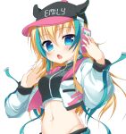  1girl absurdres ameno_ame aqua_belt aqua_nails aqua_streaks baseball_cap belt black_hat blonde_hair blue_eyes blush breasts commentary_request cowboy_shot crop_top cropped_jacket demon_horns emily_(ameno_ame) fake_horns fang floating_hair frown groin hair_between_eyes hands_up hat highres holding holding_phone horned_headwear horns jacket long_hair long_sleeves looking_at_viewer medium_breasts multicolored_hair nail_polish navel open_clothes open_jacket open_mouth original outstretched_hand phone puffy_long_sleeves puffy_sleeves simple_background solo stomach stomach_piercing streaked_hair white_background white_jacket 