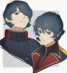  1boy black_shirt blue_eyes blue_hair border char's_counterattack closed_mouth commentary_request cropped_shoulders double-parted_bangs frown gundam hair_between_eyes hair_over_one_eye highres jacket kamille_bidan kasumi_(skchkko) lapels male_focus multiple_views notched_lapels one_eye_covered outside_border shirt turtleneck white_border yellow_trim zeta_gundam 