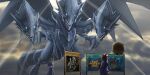  2boys absurdres blue-eyes_ultimate_dragon blue_coat blue_eyes blue_gakuran blue_shirt brown_fur brown_hair card claws clenched_hands cloud cloudy_sky coat colored_bangs commentary crossed_arms domino_high_school_uniform dragon dragon_tail dragon_wings duel_(yu-gi-oh!) duel_monster english_commentary floating gakuran glowing glowing_eyes highres jacket kaiba_seto kuriboh long_sleeves looking_at_another multiple_boys multiple_heads open_mouth school_uniform sharp_teeth shirt sky spell_card spiked_hair standing tail teeth thomas_pak twilight wings yami_yugi yu-gi-oh! yu-gi-oh!_duel_monsters 