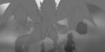  2boys absurdres blue-eyes_ultimate_dragon claws clenched_hands coat commentary crossed_arms dragon dragon_claw dragon_tail dragon_wings duel_(yu-gi-oh!) duel_monster english_commentary floating greyscale highres jacket kaiba_seto kuriboh lineart long_sleeves making-of monochrome multiple_boys multiple_heads shirt spiked_hair standing tail thomas_pak wings yami_yugi yu-gi-oh! yu-gi-oh!_duel_monsters 