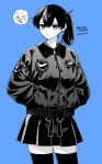  1girl blue_background bomber_jacket closed_mouth commentary_request cowboy_shot dated expressionless food greyscale_with_colored_background hakama hakama_skirt hands_in_pockets highres jacket japanese_clothes kaga_(kancolle) kantai_collection long_sleeves murano_machi patch shaved_ice short_hair shoulder_patch side_ponytail signature simple_background skirt solo speech_bubble thighhighs thought_bubble twitter_username 