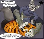  2024 4_toes absurd_res anthro artist_name biped blossonflower bodily_fluids bottomwear canid canine clothed clothing corsac_fox dreamworks duo english_text feet felid feline felis female female/female foot_fetish foot_wraps fox hi_res kung_fu_panda mammal master_tigress musk on_ground open_mouth pantherine pants paws smelly smelly_feet speech_bubble stripes sweat sweaty_feet tail text tiger toes true_fox under_foot wraps zhen_(kung_fu_panda) 