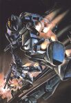  1980s_(style) bazooka_(gundam) box_art commentary_request exhaust explosion flying glowing glowing_eye gun gundam gundam_msv highres holding holding_gun holding_weapon ishibashi_ken'ichi magellan_class mecha mecha_focus mobile_suit mobile_suit_gundam musai no_humans official_art one-eyed outstretched_arm red_eyes retro_artstyle robot scan science_fiction shoulder_spikes space spacecraft spikes star_(sky) third-party_source thrusters weapon zaku_high_mobility_test_type zaku_ii zaku_ii_hmt_black_tri-stars_custom zeon 
