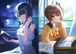  2girls ahoge bare_shoulders black_hair black_sailor_collar book brown_hair chair commentary_request company_name copyright_notice curtains desk green_eyes grin hair_ornament holding holding_book hololive hololive_english long_sleeves looking_at_viewer multicolored_hair multiple_girls natsuiro_matsuri official_art paper pencil sailor_collar shiori_novella shirt shirt_tucked_in side_ponytail sleeves_past_wrists smile split-color_hair streaked_hair teeth tokisaka_makoto virtual_youtuber white_hair white_shirt window yellow_eyes yellow_shirt 