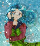  1girl aqua_eyes aqua_hair arm_behind_back artist_name bishoujo_senshi_sailor_moon bishoujo_senshi_sailor_moon_s black_sailor_collar blue_petals bow bowtie brown_shirt commentary_request falling_petals fukatsuki_mizuki green_bow green_bowtie green_skirt hand_up highres kaiou_michiru looking_at_viewer mugen_gakuen_school_uniform parted_lips petals pink_petals sailor_collar school_uniform serafuku shirt skirt solo standing star_(symbol) striped_bow striped_bowtie striped_clothes traditional_media upper_body watermark wind 