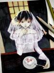  1girl absurdres bare_shoulders bridal_veil brown_eyes brown_hair cake colored_pencil_(medium) desk dress eating elbow_on_table food fork highres holding holding_fork looking_at_viewer makeup mochikimana original sitting solo strawberry_cake traditional_media veil wedding_dress white_dress window 