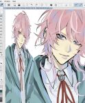  1boy ahoge amemura_ramuda aqua_jacket art_program_in_frame bags_under_eyes blue_eyes clip_studio_paint clip_studio_paint_(medium) collared_shirt commentary cowlick ear_piercing earrings empty_eyes english_commentary expressionless highres hood hood_down hooded_jacket hypnosis_mic jacket jewelry looking_at_viewer male_focus multiple_piercings neck_ribbon open_clothes open_jacket pale_skin parted_bangs piercing pink_hair portrait red_ribbon ribbon rutiiiile shirt short_hair sidelocks silver_earrings simple_background twitter_username upper_body white_background white_shirt zoom_layer 