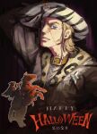  1boy 2025 animal_print bandages belt_buckle blonde_hair blue_eyes brown_collar buckle collar commentary cowboy_hat cowboy_western english_commentary ghost_rider_in_the_sky_(jojo) hand_on_headwear happy_halloween hat highres horseback_riding jojo_no_kimyou_na_bouken leopard_print looking_at_viewer male_focus masu_zushiumai mountain_tim riding scar scar_on_face sheriff_badge solo steel_ball_run stitches white_hat zebra_print 
