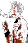  1boy 1girl blood blood_on_clothes blood_on_hands bomber_jacket commentary drive_(movie) driver_(drive) highres jacket kwonisinnocent male_focus messy_hair monochrome untranslatable_commentary 
