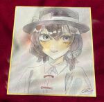  1girl alternate_eye_color black_hat bow brown_hair chinese_clothes collared_shirt commentary grey_eyes hair_between_eyes hair_bow hat hat_bow highres kz_m_i open_mouth shikishi shirt signature solo touhou traditional_media usami_renko white_background white_bow white_shirt 
