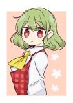  1girl ascot border collared_shirt commentary_request cropped_torso expressionless flower-shaped_pupils green_hair highres kazami_yuuka long_sleeves looking_at_viewer no_nose outside_border plaid_clothes plaid_vest red_eyes shirt short_hair symbol-shaped_pupils tama_(hiroshige_36) touhou twitter_username vest white_border 
