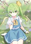  1girl absurdres blue_skirt blue_vest bow bowtie collared_shirt commentary_request daiyousei fairy_wings falling_petals grass green_hair hair_bow highres holding holding_petal kk0220 long_hair looking_at_viewer on_ground one_side_up open_mouth outdoors petals pink_petals puffy_short_sleeves puffy_sleeves revision seiza shirt short_sleeves sitting skirt solo touhou vest white_shirt wings wrist_cuffs yellow_bow yellow_bowtie 