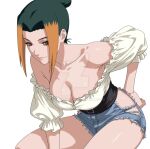  1girl bare_shoulders belt belt_buckle black_hair blouse blue_shorts breasts brown_eyes brown_hair buckle cleavage closed_mouth collarbone cowboy_shot cutoffs denim denim_shorts frilled_shirt frilled_sleeves frills hair_bun hair_intakes hand_on_own_hip highres kiripetals large_breasts leaning_forward looking_at_viewer medium_breasts multicolored_hair naruto_(series) naruto_shippuuden off-shoulder_shirt off_shoulder pakura_(naruto) puffy_sleeves shirt short_hair short_shorts short_sleeves shorts sidelocks simple_background sitting smile solo thighs torn_clothes two-tone_hair watermark web_address white_background white_shirt 