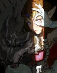  1girl balo_badartist black_background blue_eyes brown_hair closed_mouth dress gloves hair_ribbon highres jewelry light_rays link lips long_hair looking_at_viewer necklace ok_sign pointy_ears princess_zelda ribbon sidelocks solo sunbeam sunlight teeth the_legend_of_zelda the_legend_of_zelda:_twilight_princess tiara upper_body white_gloves wolf wolf_link 