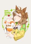  ahoge animal_ears bandeau blush braid breasts brown_hair cherry closed_eyes collarbone commentary_request cropped_torso food fruit hair_between_eyes hair_ornament hairclip half_up_braid happy_birthday holding holding_spoon horse_ears horse_girl ice_cream jacket jewelry jungle_pocket_(champion's_battle_cry)_(umamusume) jungle_pocket_(umamusume) long_sleeves medium_hair notched_ear parfait small_breasts spoon umamusume utensil_in_mouth yamawasabi_umai yellow_bandeau yellow_jacket 