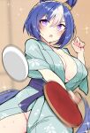  1girl akizuki_shigure animal_ears ball bath_yukata black_sash blue_hair blue_tail blush braid bright_pupils center_opening cesario_(umamusume) commentary_request crown_braid floral_print floral_print_kimono grey_kimono highres holding_table_tennis_paddle horse_ears horse_girl horse_tail japanese_clothes kimono looking_at_viewer multicolored_hair obi open_mouth print_kimono purple_eyes sash short_hair solo streaked_hair table_tennis table_tennis_ball tail thighs umamusume white_pupils white_streaks yukata 