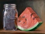  artist_name commentary english_commentary food food_focus fruit fruit_focus highres jar no_humans noah_verrier oil_painting_(medium) original painting_(medium) still_life traditional_media watermelon watermelon_slice 