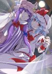  2girls bat_wings blue_bow blue_hair bow bowtie closed_mouth commentary_request crescent crescent_hat_ornament dress eichi_yuu full_moon hair_bow hat hat_ornament hat_ribbon looking_at_viewer mob_cap moon multiple_girls night patchouli_knowledge pink_hat purple_dress purple_eyes purple_hair red_bow red_bowtie red_eyes red_wrist_cuffs remilia_scarlet ribbon shirt skirt skirt_set sleeve_bow smile striped_clothes striped_dress touhou vertical-striped_clothes vertical-striped_dress white_hat white_shirt white_skirt wings wrist_cuffs yuri 