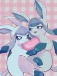  :d alternate_color animal_focus blue_eyes blue_fur bright_pupils commentary_request full_body glaceon haru_glaceon heart highres looking_at_viewer no_humans open_mouth pink_background plaid_background pokemon pokemon_(creature) pokemon_focus shiny_and_normal shiny_pokemon simple_background smile two-tone_fur white_pupils 