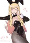  1girl animal_ear_hairband animal_ears black_bow black_bowtie black_leotard black_pantyhose blonde_hair bow bowtie breasts commentary covered_navel fake_animal_ears fishnet_pantyhose fishnets gradient_hair hairband heart highres kitagawa_marin leotard long_hair looking_at_viewer mourderousx multicolored_hair pantyhose patreon_username pink_eyes pink_hair playboy_bunny rabbit_ear_hairband rabbit_ears simple_background smile solo sono_bisque_doll_wa_koi_wo_suru two-tone_hair white_background white_wrist_cuffs wrist_cuffs 