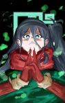  1girl alternate_costume aris_(blue_archive) black_hair black_hairband blue_archive blue_halo cosplay cover cover_page doodle_sensei_(blue_archive) gauntlets hair_between_eyes hairband halo itadori_yuji itadori_yuji_(cosplay) j_a_c_k jujutsu_kaisen long_hair_between_eyes looking_down numbered one_side_up red_hood redrawn ringed_eyes scar scar_on_face scar_on_mouth scene_reference sensei_(blue_archive) shaded_face solo 
