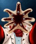  1other bifurcated_jaw blue_background coat eyeball meme mittens monster open_mouth original other_focus plusma pov pov_cheek_warming_(meme) red_mittens red_scarf saliva scarf solo upper_body winter_clothes winter_coat 