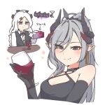  2girls black_dress black_gloves black_halo black_horns blue_archive bow bowtie breasts cleavage closed_mouth cropped_torso cup curved_horns demon_horns dress dress_shirt drink_carton drinking_glass earrings elbow_gloves enobun3gyo gloves gradient_horns grape_juice grey_eyes grey_hair halo halter_dress halterneck hina_(blue_archive) holding holding_cup horns jewelry juice light_blush long_hair looking_at_viewer makoto_(blue_archive) makoto_(dress)_(blue_archive) medium_breasts multicolored_horns multiple_girls multiple_horns official_alternate_costume pointy_ears ponytail pouring purple_eyes purple_halo red_horns shirt simple_background single_earring smile sparkle traditional_bowtie translated vest white_background white_hair white_shirt wine_glass 