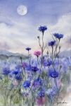  blue_flower blue_sky cloud commentary_request flower flower_focus full_moon highres moon no_humans ooy33151086 original outdoors painting_(medium) pink_flower signature sky traditional_media watercolor_(medium) 