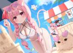  +_+ 3girls ahoge all_fours animal_ears bare_arms bare_shoulders beach bikini blue_bow blue_eyes blue_one-piece_swimsuit blue_ribbon blue_sky blurry blurry_foreground blush bow braid breasts cat cat_ears cat_girl cat_tail cet_(hajisirazunoko) cleavage closed_mouth cloud cloudy_sky collarbone commentary_request criss-cross_halter day eyewear_on_head food grey-framed_eyewear halterneck highres holding holding_shovel indie_virtual_youtuber large_breasts long_hair muchao_(yuuki_sakuna) multiple_girls navel one-piece_swimsuit open_mouth outdoors palm_tree parasol pink-tinted_eyewear pink_eyes pink_hair pink_tail ribbon sand sand_castle sand_sculpture shaved_ice shovel sky smile stomach sunglasses sweat swimsuit tail thighs tinted_eyewear tree twin_braids twintails umbrella virtual_youtuber white_bikini yellow_cat yuuki_sakuna 