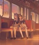  2girls absurdres ak8531848 animal_ears aqua_bow blush bow bowtie brown_hair closed_eyes closed_mouth commentary_request cropped ear_bow ear_ribbon hair_between_eyes highres horse_ears horse_girl horse_tail leaning_on_person leaning_to_the_side long_hair mejiro_mcqueen_(umamusume) multicolored_hair multiple_girls parted_lips pleated_skirt ponytail puffy_short_sleeves puffy_sleeves purple_bow purple_bowtie purple_eyes purple_hair purple_shirt sailor_collar sailor_shirt school_uniform shirt short_sleeves sitting skirt slice_of_life streaked_hair tail thighhighs tokai_teio_(umamusume) tracen_school_uniform train_interior two-tone_hair umamusume white_hair white_sailor_collar white_skirt white_thighhighs 