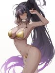  1girl :o absurdres ahoge alternate_costume arm_behind_head armpits arms_up bikini black_hair blue_archive blush breasts cleavage collarbone commentary dark-skinned_female dark_skin english_commentary gold_bikini golden_week gradient_hair hair_between_eyes halo highres karin_(blue_archive) large_breasts long_hair looking_at_viewer multicolored_hair navel parted_lips ponytail purple_hair purple_halo simple_background solo stomach swimsuit thighs very_long_hair white_background yellow_eyes yuzureei 