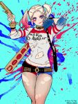  1girl aqua_background arm_behind_back baseball_bat belt black_belt blonde_hair blue_eyes blue_hair bracelet breasts closed_mouth clothes_writing commentary_request cowboy_shot dc_comics eyelashes eyeshadow fishnet_pantyhose fishnets gradient_hair gun harley_quinn holding holding_baseball_bat holding_gun holding_weapon jewelry ken_shirou_(loco) lips long_hair long_sleeves makeup multicolored_hair navel pale_skin pantyhose red_hair red_lips shirt short_shorts shorts smile solo spiked_bracelet spikes splatter_background split-color_clothes suicide_squad suicide_squad_(2016_movie) torn_clothes torn_pantyhose torn_shirt twintails twitter_username two-tone_shorts weapon white_shirt 