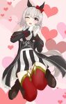  1girl animal_ears bare_shoulders black_hairband blush bow breasts coat commentary_request curren_chan_(fille_eclair)_(umamusume) curren_chan_(umamusume) dress ear_bow ear_covers gloves grey_hair hairband heart heart_hands highres horse_ears horse_girl horse_tail komoro_paint777 long_sleeves looking_at_viewer off-shoulder_coat off-shoulder_dress off-shoulder_jacket off_shoulder one_eye_closed open_mouth purple_eyes red_bow red_thighhighs short_hair smile solo striped_clothes striped_dress tail thighhighs umamusume vertical-striped_clothes vertical-striped_dress white_gloves 