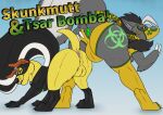anthro anus balls bent_over black_mask black_nose black_sclera bulge canid canine clothed clothed_feral clothing duo feral floppy_ears fur gas_mask genitals green_anus green_eyes grey_body grey_fur hi_res killthe_demon male male_anthro male_feral mammal mask pink_anus presenting presenting_anus pupils red_pupils species_request standing wearing_mask white_eyes yellow_balls yellow_body yellow_fur