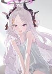  1girl absurdres ahoge blue_archive breasts commentary demon_girl demon_horns english_commentary halo highres hina_(blue_archive) horns long_hair looking_at_viewer open_mouth purple_eyes purple_halo qiao_yucheng small_breasts smile solo white_hair 