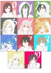  5boys 6+girls ;d absurdres amamiya_hibiya apron aqua_background arm_up arrow_(symbol) asahina_hiyori black_hair blonde_hair blue_background blue_hair bow_hairband brown_hair child closed_mouth collared_vest color_coordination colorful_background commentary double_v dress ene_(kagerou_project) english_commentary enpera everyone facial_mark finger_to_mouth flat_color frilled_apron frills frown goggles goggles_on_hood green_background green_eyes grey_background hair_between_eyes hair_ornament hairband hairclip hand_up headphones highres hood hood_up hoodie idol_clothes index_finger_raised jacket kagerou_project kairikazu kano_shuuya kido_tsubomi kisaragi_momo kisaragi_shintarou konoha_(kagerou_project) kozakura_marry looking_at_viewer looking_to_the_side low_twintails microphone multiple_boys multiple_girls neck_warmer no_pupils numbered ok_sign one_eye_closed open_clothes open_jacket open_mouth orange_background orange_hair parallel_hairclips partially_colored pink_background portrait purple_background red_background red_eyes scarf seto_kousuke short_hair smile tateyama_ayano track_jacket twintails v vest w white_hair 