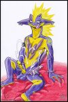 2021 3_fingers after_masturbation amped_toxtricity anarchy_symbol anthro armband balls bed_sheet bedding bodily_fluids body_spikes colored_pencil_(artwork) countershade_face countershade_feet countershade_neck countershade_torso countershading cum dated ear_piercing ear_ring feet fingers generation_8_pokemon genital_fluids genital_piercing genitals glans hi_res looking_at_viewer looking_pleasured male markings masturbation nintendo nude penis penis_piercing penis_ring_(piercing) piercing pink_tongue pokemon pokemon_(species) purple_body reclining reptile ring_piercing scales scalie signature silvolf solo spiked_armband spikes tattoo text toes tongue tongue_out tongue_piercing toxtricity traditional_media_(artwork) url vein veiny_penis ventral_scales yellow_body yellow_penis