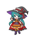  1girl aqua_eyes aqua_hair arm_up black_boots black_bow black_cape black_corset black_hat black_outline black_ribbon blush boots bow breasts cape chibi chibi_only corset dress fang frilled_cape frilled_dress frilled_hat frills full_body game_asset hair_bow halloween hand_up hat hat_bow hatsune_miku hatsune_miku_graphy_collection lace-up_boots long_hair low_twintails open_mouth orange_dress outline pantyhose ribbon smile solo standing striped_clothes striped_dress striped_pantyhose transparent_background twintails two-sided_cape two-sided_fabric two-sided_headwear underbust vertical-striped_clothes vertical-striped_dress vocaloid witch_hat wrist_ribbon 