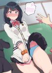  1boy 2girls absurdres bag black_hair black_skirt blue_eyes blush bow bow_panties bowtie breasts cardigan chalkboard classroom closed_mouth commentary_request embarrassed gridman_universe highres indoors long_hair miniskirt multiple_girls nanafumi_(nanafumino) orange_scrunchie panties pleated_skirt red_bow red_bowtie school_uniform scrunchie skirt skirt_flip small_breasts socks solo ssss.gridman surprised takarada_rikka thighs underwear upskirt wavy_mouth white_cardigan white_panties 