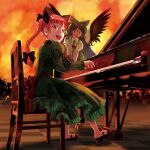  2girls album_cover animal_ears as/hi_soundworks black_bow black_wings bow braid brown_hair cape cat_ears chair checkered_floor chest_eye collared_shirt commentary_request cover dress extra_ears frilled_dress frilled_shirt_collar frills green_bow green_dress hair_bow instrument kaenbyou_rin kyuu_umi long_hair looking_at_viewer mary_janes multiple_girls on_chair open_mouth piano playing_instrument puffy_short_sleeves puffy_sleeves red_eyes red_hair reiuji_utsuho shirt shoes short_sleeves sitting smile teeth third_eye touhou twin_braids upper_teeth_only white_cape white_shirt wings 