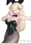  1girl animal_ear_hairband animal_ears armpits black_bow black_bowtie black_leotard black_pantyhose blonde_hair bow bowtie breasts collarbone commentary covered_navel fake_animal_ears fishnet_pantyhose fishnets grey_eyes hair_over_one_eye hairband highres leotard long_hair looking_at_viewer mario_(series) mourderousx pantyhose patreon_username playboy_bunny rabbit_ear_hairband rabbit_ears rosalina shiny_clothes simple_background solo tongue tongue_out white_background white_wrist_cuffs wrist_cuffs 