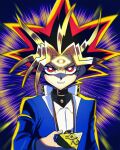  1boy black_hair blonde_hair blue_jacket commentary_request facial_mark forehead_mark glowing highres jacket male_focus millennium_puzzle motion_lines purple_eyes purple_hair raijin-bh shirt solo speed_lines upper_body white_shirt yami_yugi yu-gi-oh! yu-gi-oh!_duel_monsters 