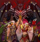 2023 2_horns 5_fingers abstract_background anthro armor avian beak black_armor black_ears black_horn character_request cheek_markings clothing crop_top digital_media_(artwork) dragon facial_markings feathered_wings feathers female fingers forehead_markings frown gala_bobs group gryphon head_markings hi_res hip_markings holding_object holding_staff horn larger_male leg_markings legends_of_chima lego male markings melee_weapon metal_wings midriff muscular muscular_anthro muscular_female muscular_male mythological_avian mythological_creature mythological_scalie mythology navel paint_tool_sai_(artwork) pointy_ears portrait purple_armor red_armor red_body red_ears red_skin russian_description scalie shirt shoulder_pads size_difference smaller_female soft_abs staff sword three-quarter_portrait topwear unconvincing_armor warrior weapon white_body white_ears white_feathers white_horn wings yellow_beak yellow_eyes