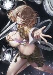  1girl absurdres ahoge anis_(nikke) anis_(star)_(nikke) bandeau bare_shoulders blush breasts brown_eyes brown_hair caiman_pool cat_hair_ornament chest_strap cleavage clothing_cutout fingerless_gloves gloves goddess_of_victory:_nikke green_shorts hair_ornament highres large_breasts long_sleeves looking_at_viewer midriff official_alternate_costume open_mouth short_hair short_shorts shorts shoulder_cutout shrug_(clothing) side_slit side_slit_shorts single_fingerless_glove smile solo w white_bandeau yellow_shrug 